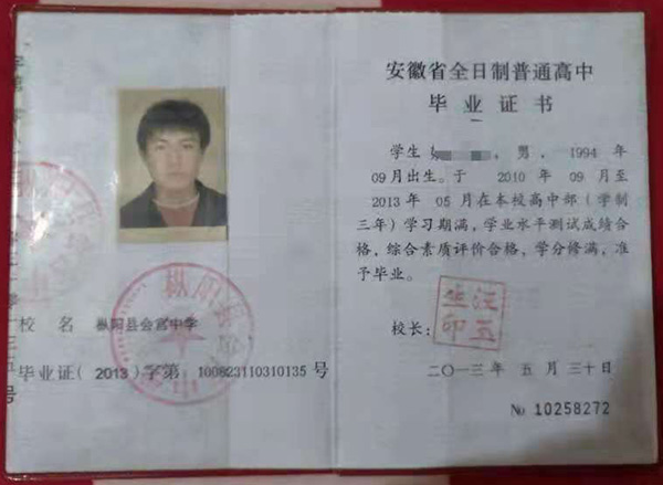 安徽省PS高中畢業證復印件樣本