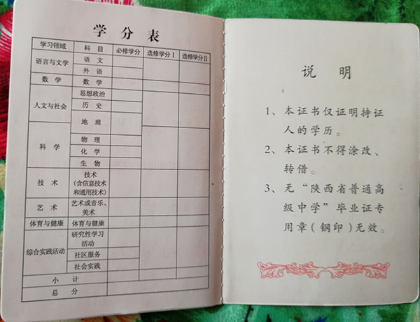 陜西省高中畢業證成績單