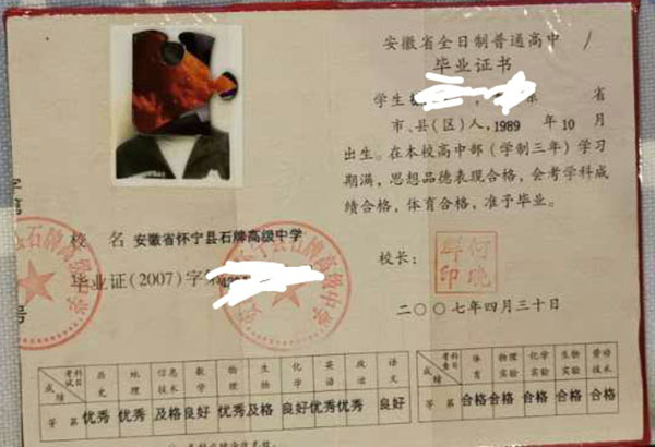 安徽省2002年高中畢業證內頁