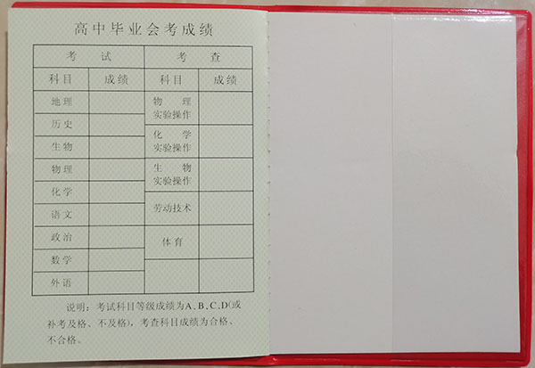 甘肅省1998年高中畢業證會考成績單