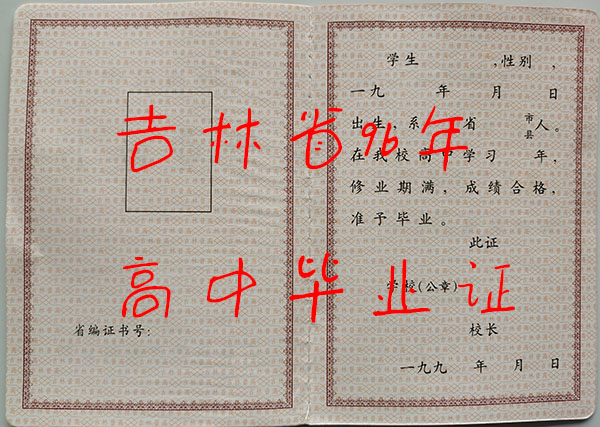 吉林省九六年高中畢業證內芯