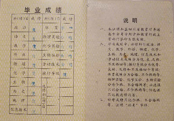 四川省普通高中畢業(yè)證成績單