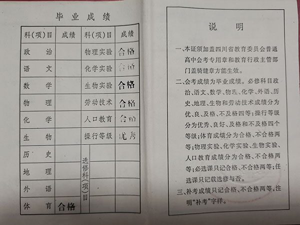 四川省1995年高中畢業證成績單