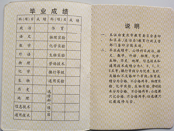 彭水縣2003年高中畢業(yè)證成績(jī)單