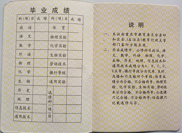 奉節(jié)縣高中畢業(yè)證成績(jī)單
