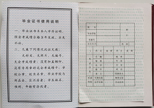 黑龍江省1998年高中畢業(yè)證成績單