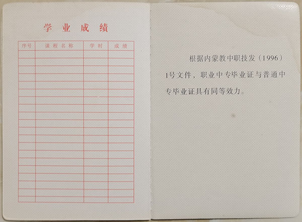 內蒙古2007年中專畢業證學業成績單