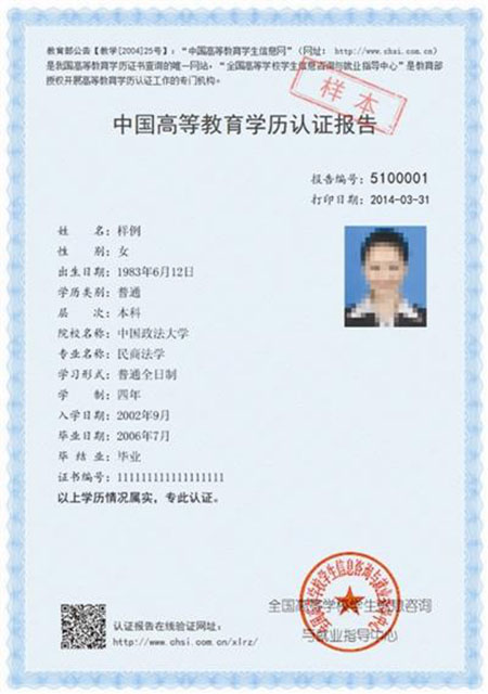 中專學(xué)歷認證報告樣本