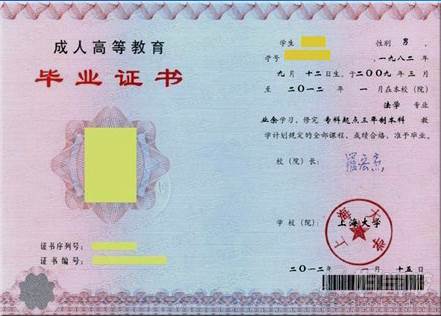 上海大學畢業證樣本
