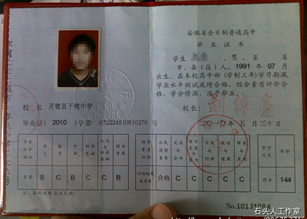 安徽省<a href=http://www.959614.com/cyzx/122.html target=_blank class=infotextkey>2010年高中畢業證</a>樣本