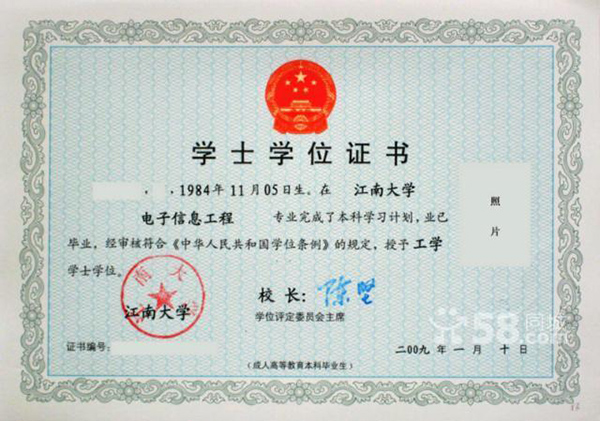 江南大學(xué)學(xué)士學(xué)位證書樣本