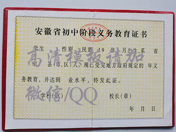安徽省1993年初中畢業證樣本