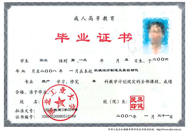 武漢工業大學2000年畢業證樣本
