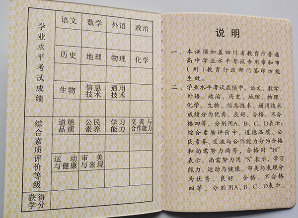 四川省2017年高中畢業證成績單
