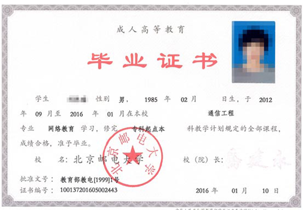 北京郵電大學函授大專畢業證樣本