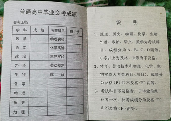 1995年欽州市高中畢業(yè)證成績單
