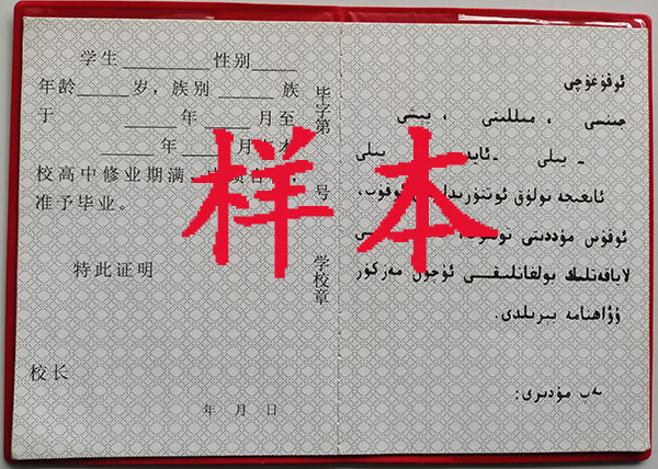 新疆1998年高中畢業證內容頁