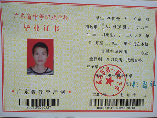 1994年中專畢業(yè)證樣本