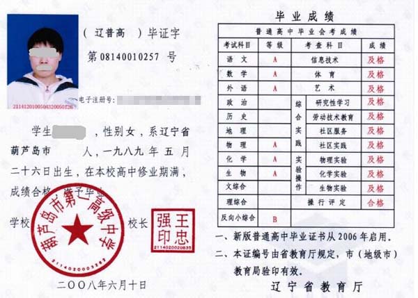 遼寧省2009年高中畢業(yè)證樣本