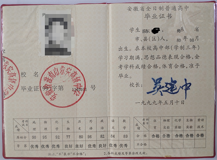 1997年高中畢業(yè)證畢業(yè)證圖片說明